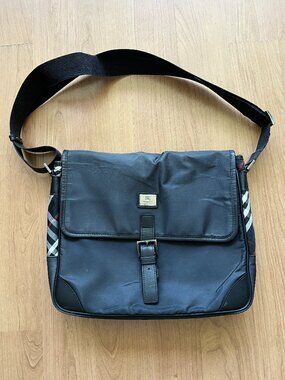 Authentic Burberry Black Label Messenger Bag Black Leather Nylon